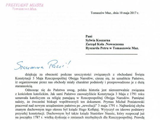 Prezydent odpowiada na list w sprawie obchodów Święta 3-go maja