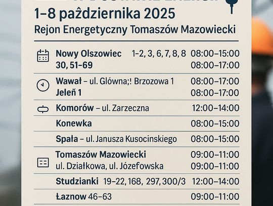 Rejon Energetyczny Tomaszów Mazowiecki – planowane przerwy w dostawie energii (1–8 października 2025 r.)