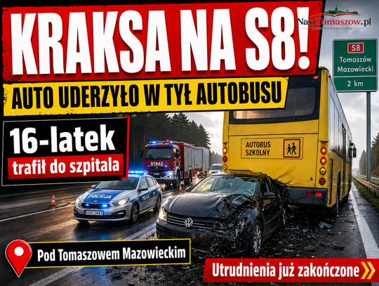 S8 pod Tomaszowem odblokowana. Volkswagen uderzył w tył autobusu szkolnego