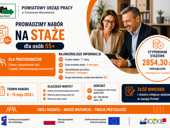 Staże dla osób 55+ w Tomaszowie. Urząd pracy rusza z naborem