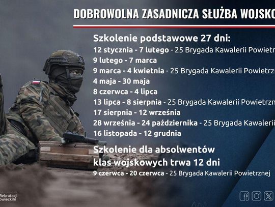 ,,Terminy szkoleń podstawowych w ramach Dobrowolnej Zasadniczej Służby Wojskowej w 2026 roku”
