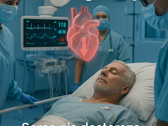 Realistyczna ilustracja SOR/kardiologii: pacjent z cechami wstrząsu kardiogennego, monitory EKG/ciśnienia, zespół medyczny.