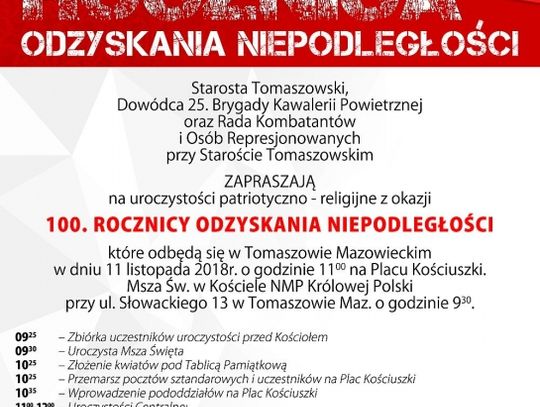 Zaproszenie na obchody setnej rocznicy odzyskania przez Polskę niepodległości