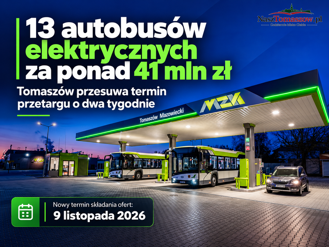 13 autobusów elektrycznych za ponad 41 mln zł. Tomaszów przesuwa termin wielkiego przetargu o dwa tygodnie