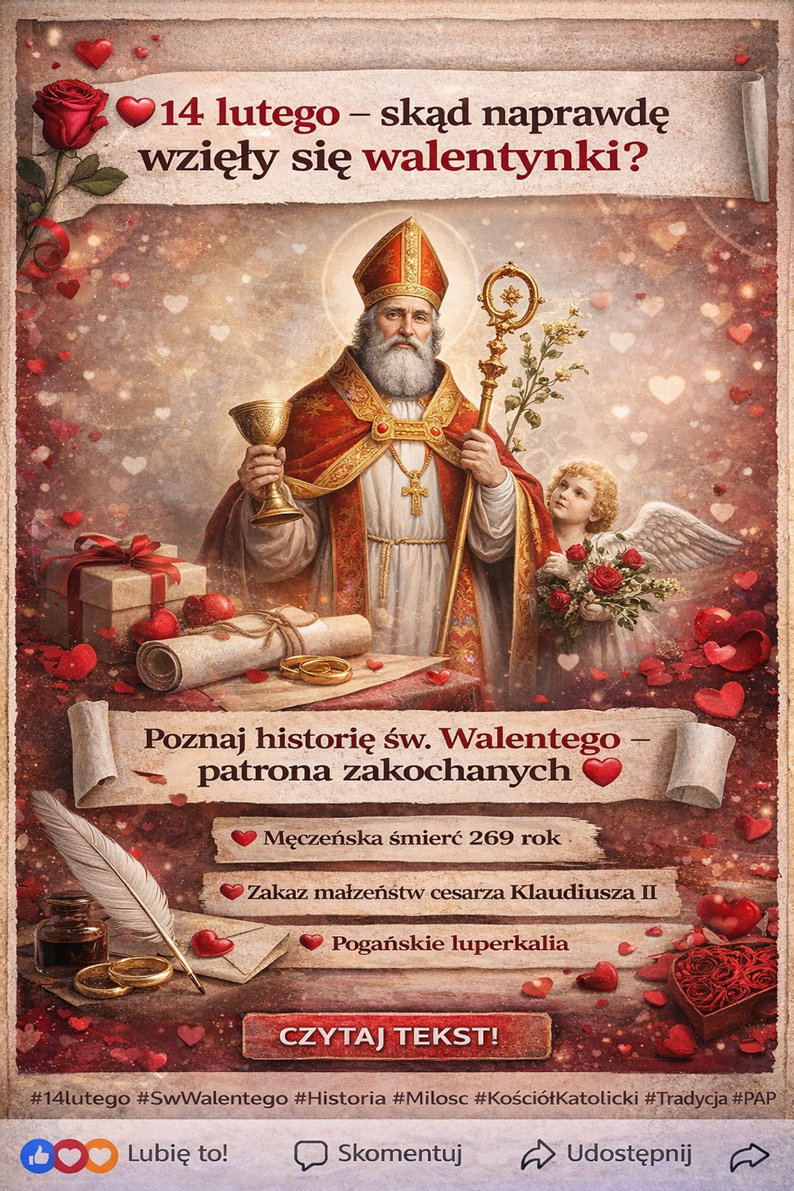 14 lutego Kościół katolicki wspomina patrona zakochanych św. Walentego