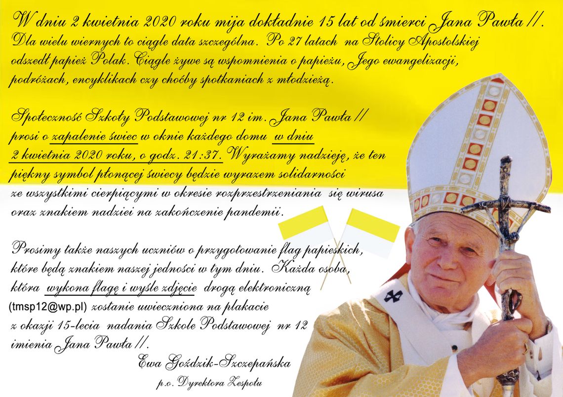 15. rocznica śmierci Jana Pawła II – Patrona SP 12