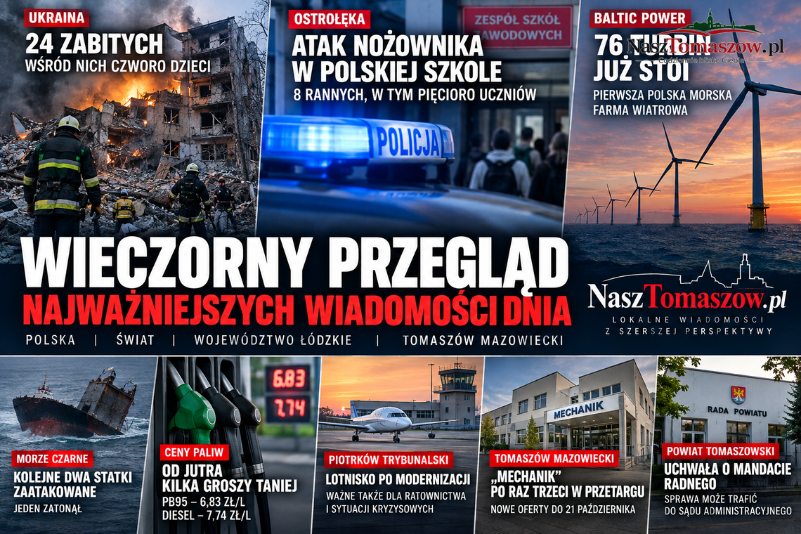 24 zabitych w rosyjskim nalocie, atak nożownika w szkole i 76 turbin Baltic Power. „Mechanik” rusza po raz trzeci 24 zabitych w rosyjskim nalocie, atak nożownika w szkole i 76 turbin Baltic Power. „Mechanik” rusza po raz trzeci