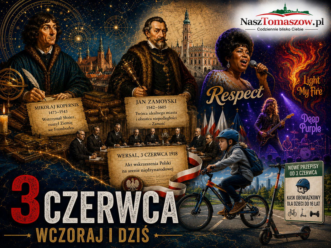 3 czerwca: Kopernik, Zamoyski, Aretha Franklin i nowe przepisy dla młodych rowerzystów