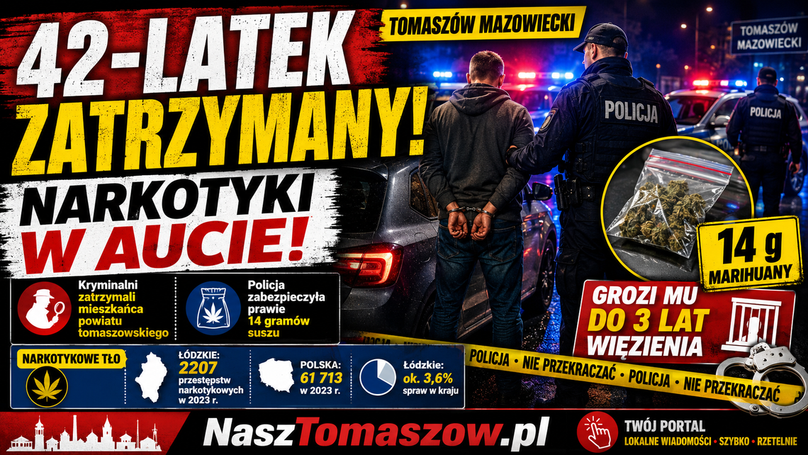 42-latek zatrzymany z marihuaną. Narkotyki w samochodzie, zarzut i groźba więzienia