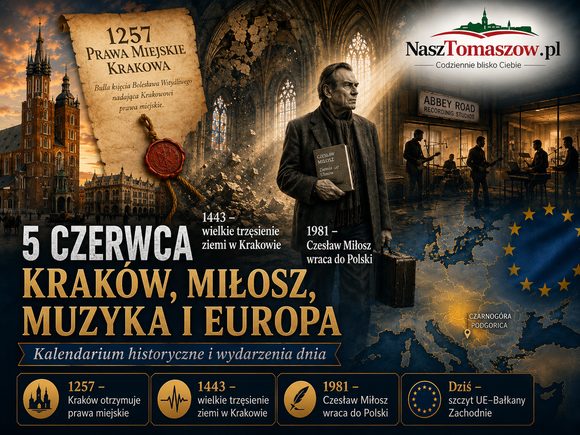 5 czerwca: Kraków dostaje miejskie serce, ziemia drży pod Wawelem, Miłosz wraca do Polski, a Europa patrzy na Bałkany