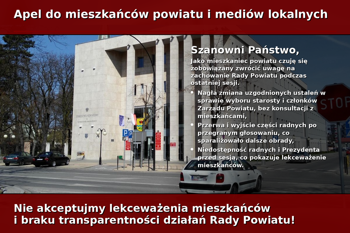 Apel do mieszkańców powiatu i mediów lokalnych