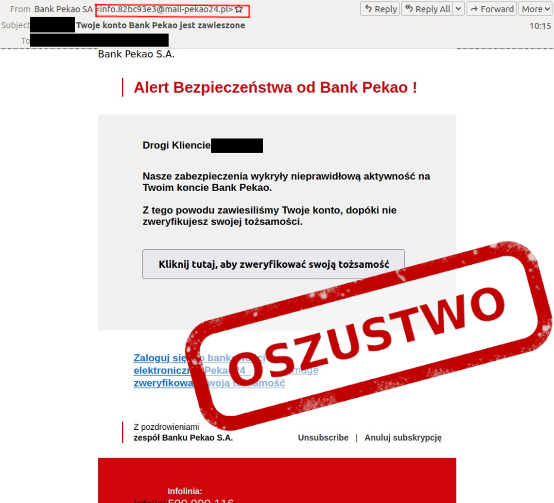 CERT Polsk ostrzega przed emailami, które wykorzystują wizerunek banku Pekao S.A. i służą do wykradania środków finansowych.