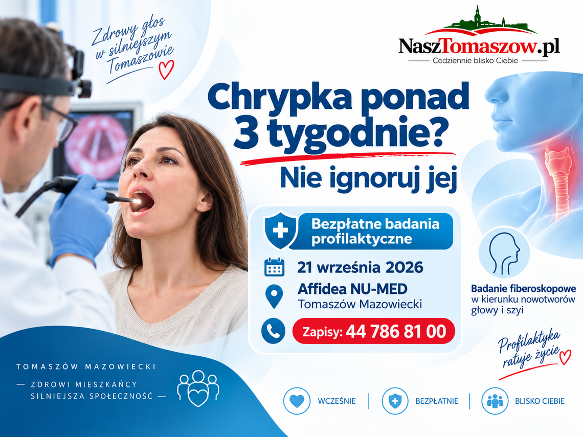 Chrypka trwa ponad trzy tygodnie? Nie lekceważ. W Tomaszowie bezpłatne badania onkologiczne Chrypka trwa ponad trzy tygodnie? Nie lekceważ. W Tomaszowie bezpłatne badania onkologiczne