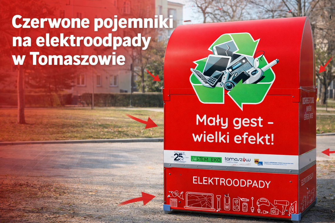 Czerwone pojemniki na elektroodpady w Tomaszowie.