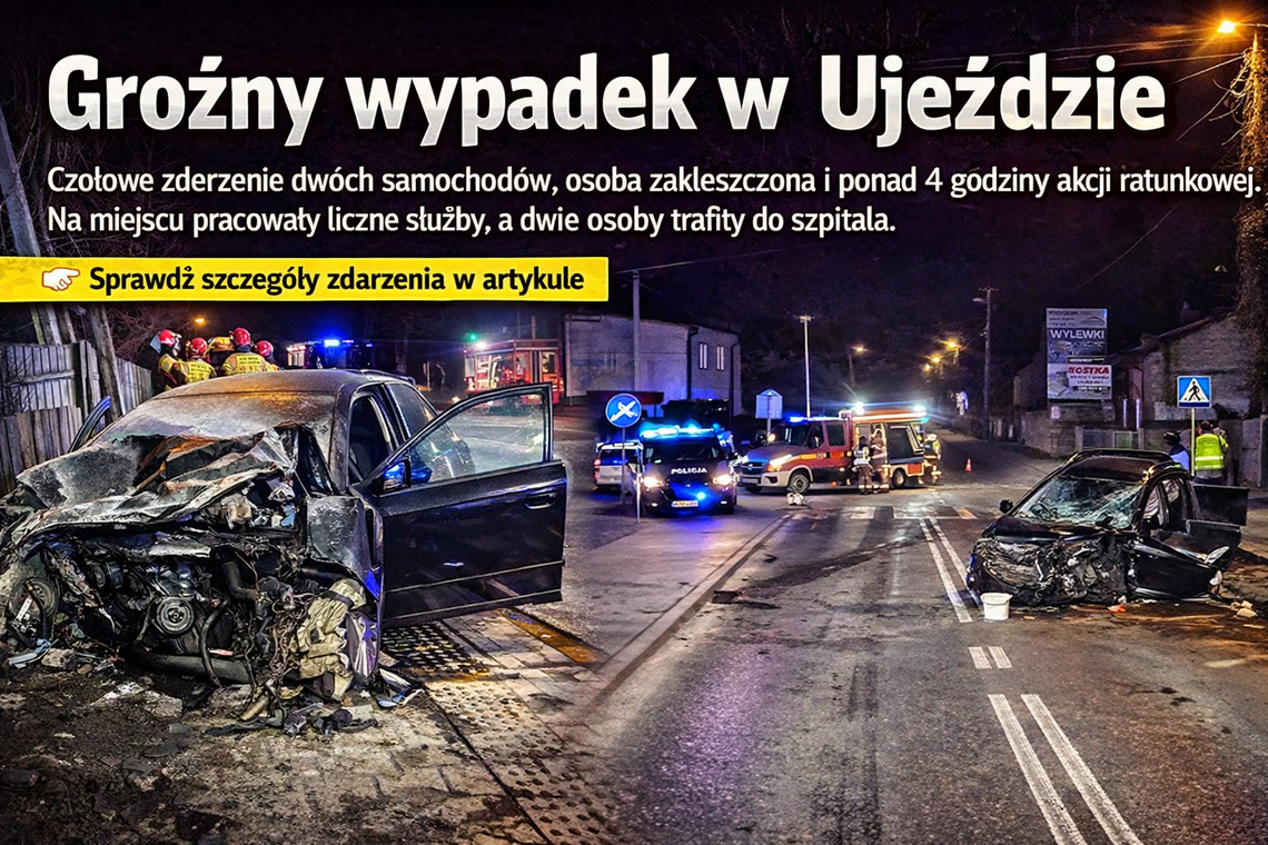Czołowe zderzenie w Ujeździe. Dwie osoby trafiły do szpitala
