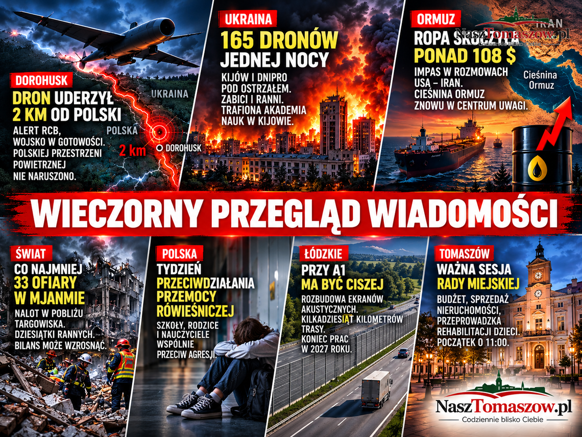 Dron uderzył 2 km od Polski. Kijów i Dnipro pod ostrzałem, ropa skoczyła ponad 108 dolarów. Tomaszów przed ważną sesją
