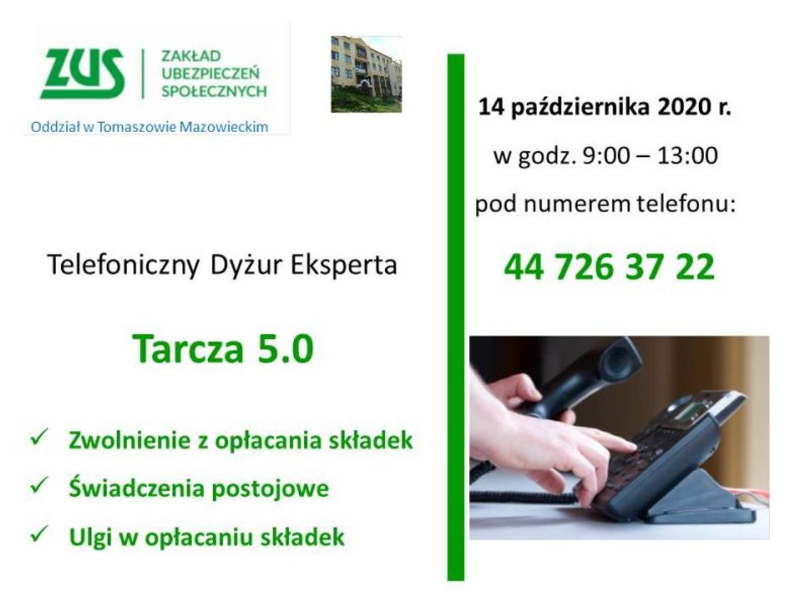 Dyżur telefoniczny w tomaszowskim Oddziale ZUS, dotyczący Tarczy Antykryzysowej 5 