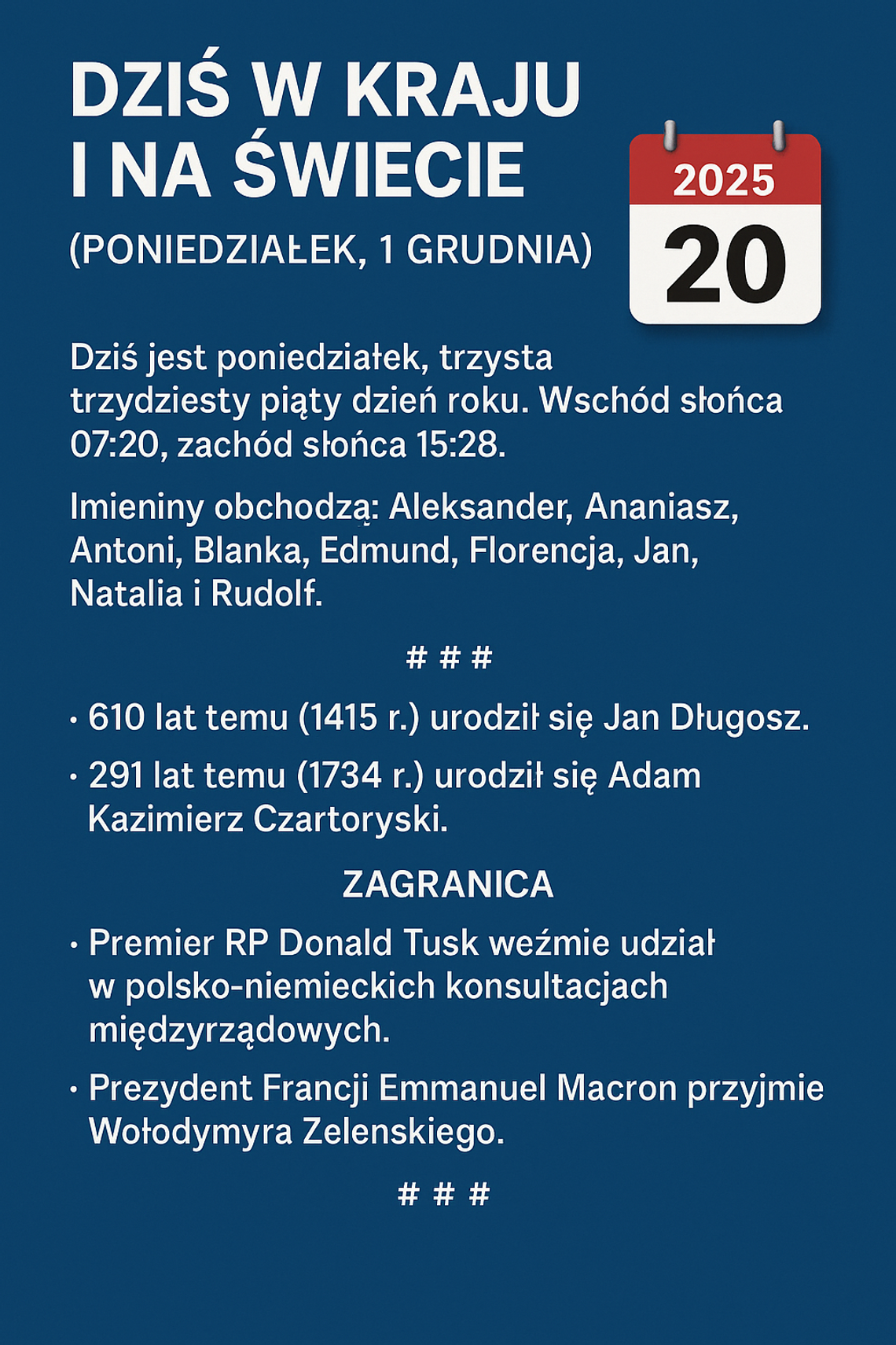 Dziś w kraju i na świecie (poniedziałek, 1 grudnia) Dziś w kraju i na świecie (poniedziałek, 1 grudnia)