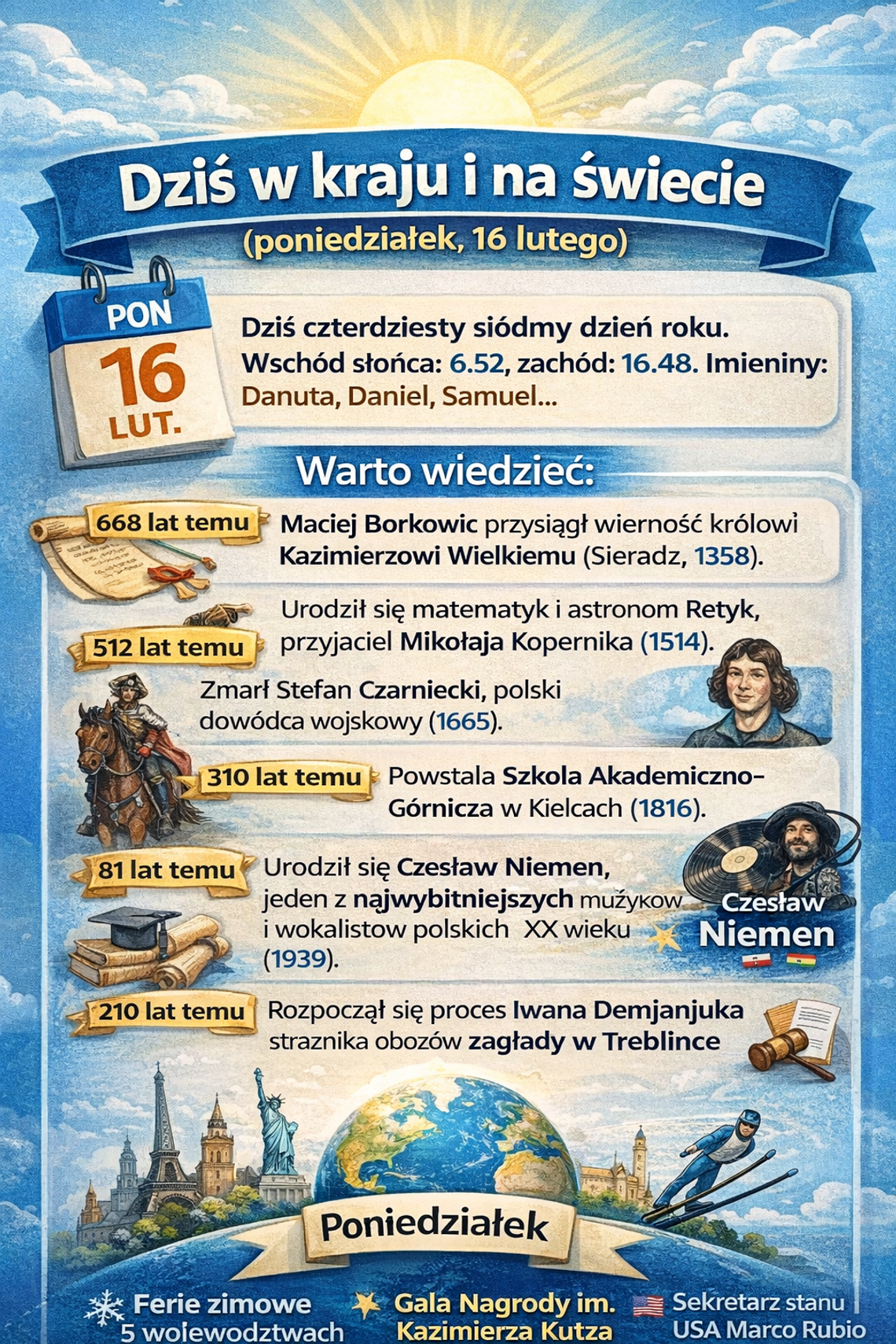 Dziś w kraju i na świecie (poniedziałek, 16 lutego) Dziś w kraju i na świecie (poniedziałek, 16 lutego)