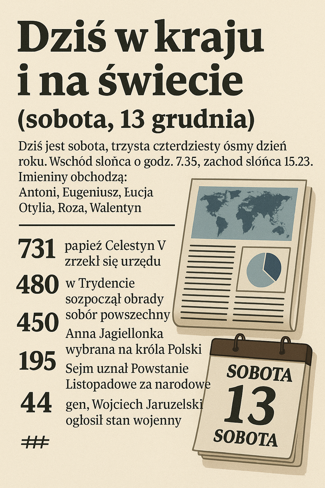 Dziś w kraju i na świecie (sobota, 13 grudnia) Dziś w kraju i na świecie (sobota, 13 grudnia)
