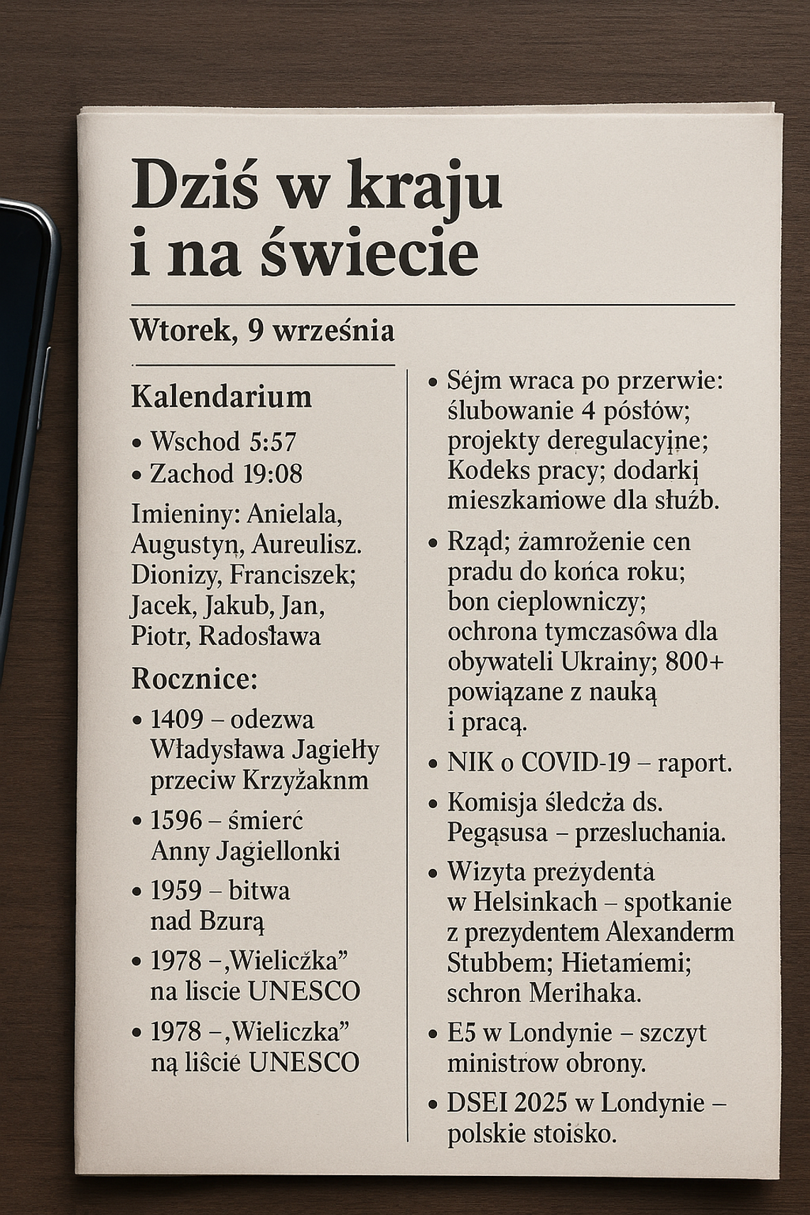 Dziś w kraju i na świecie (wtorek, 9 września)