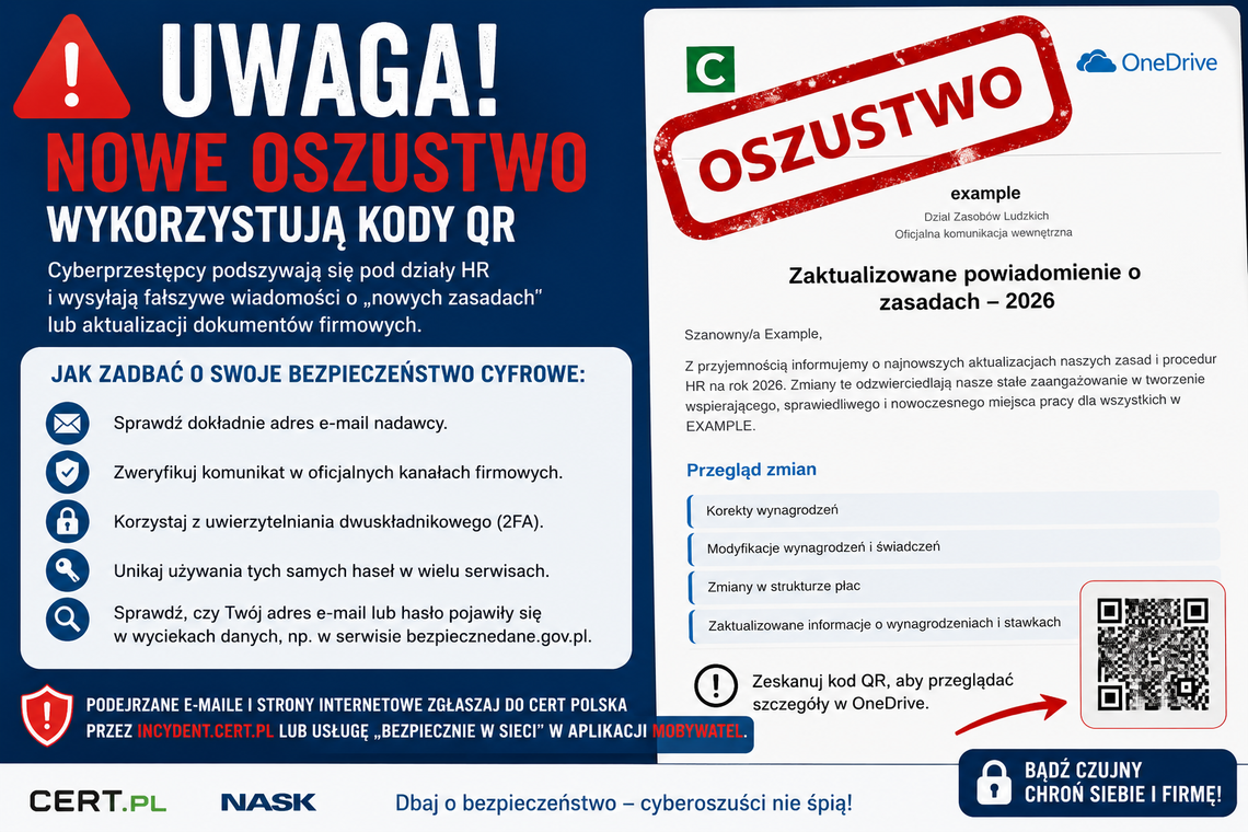 Fałszywe „nowe zasady w firmie”. CERT Polska ostrzega przed nową kampanią oszustów Fałszywe „nowe zasady w firmie”. CERT Polska ostrzega przed nową kampanią oszustów