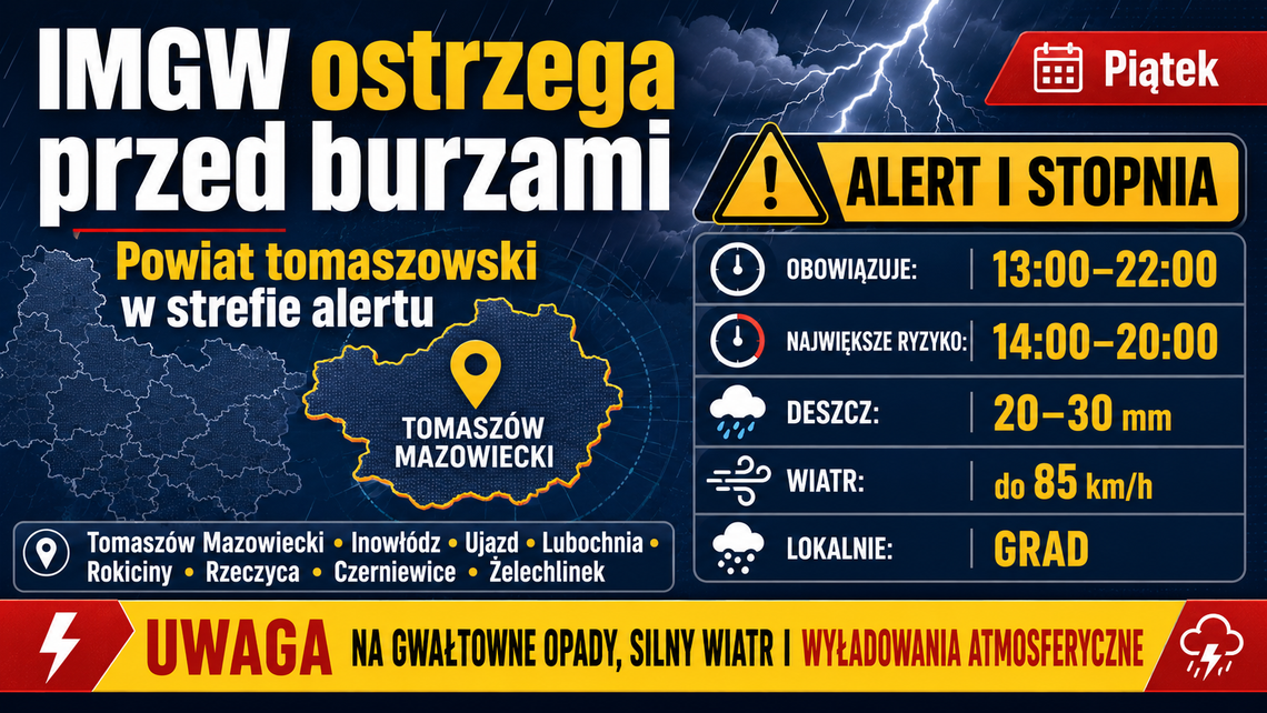 IMGW ostrzega przed burzami w Tomaszowie i okolicach. Alert od 13:00 do 22:00, możliwy silny deszcz, wiatr i grad