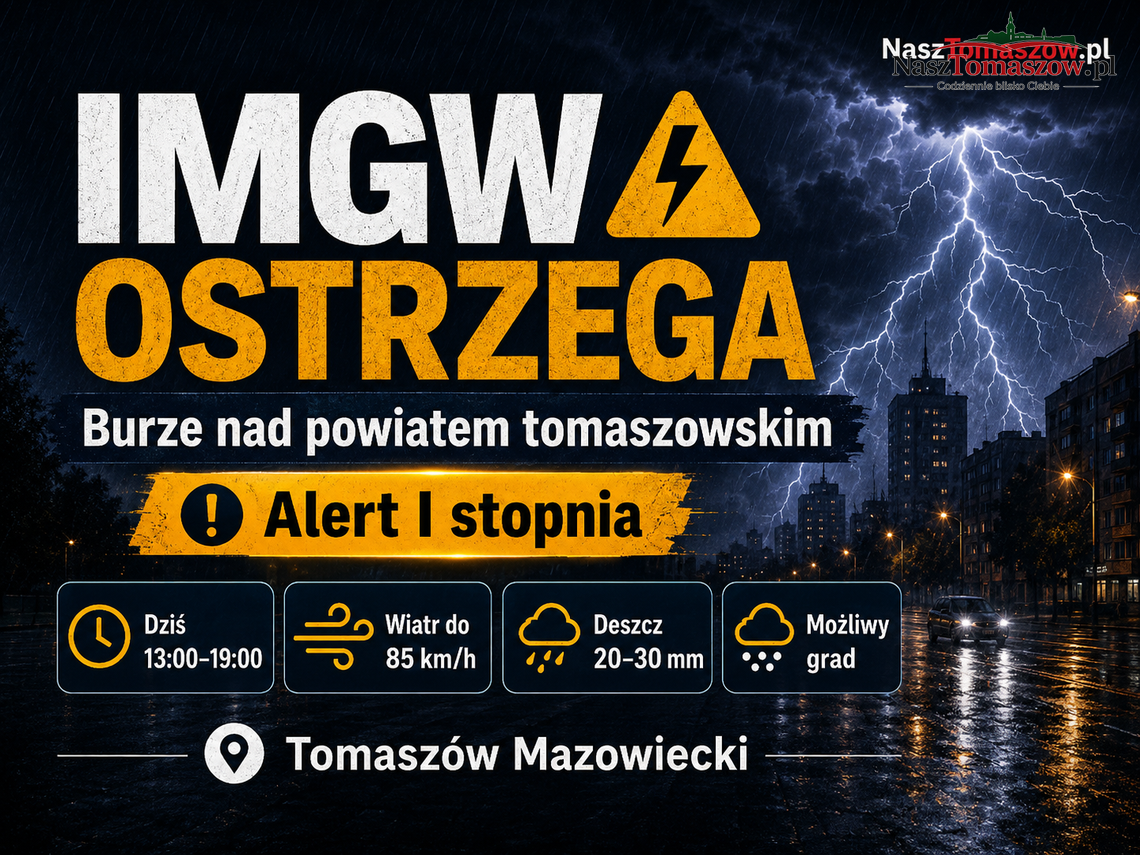 Koniec wakacji z grzmotem. IMGW ostrzega Tomaszów: burze, grad i wiatr do 85 km/h