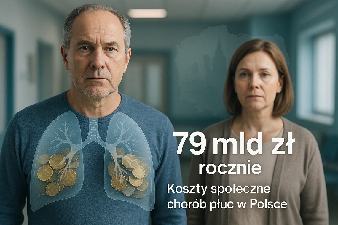 Realistyczna ilustracja płuc z metaforą kosztów (79 mld zł) — kontekst: koszty społeczne chorób płuc w Polsce.