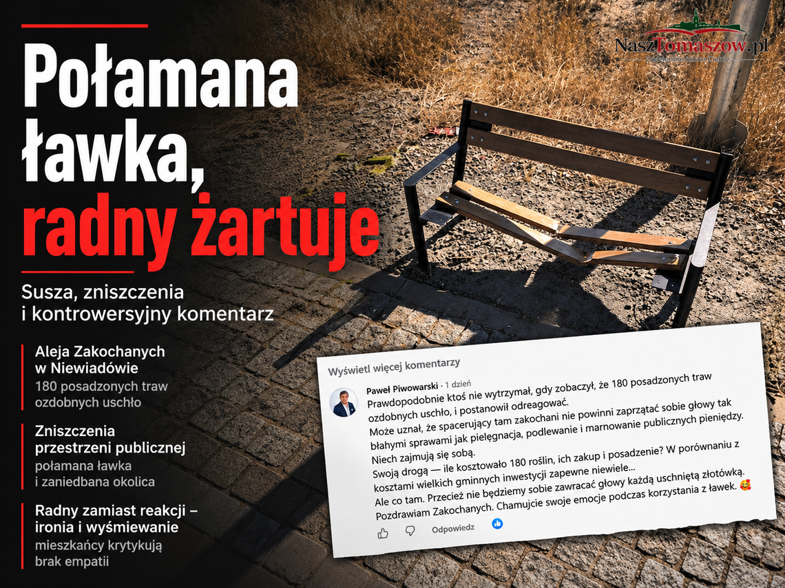Ławka połamana, radny rozbawiony. Paweł Piwowarski odnalazł winnego: uschniętą trawę Ławka połamana, radny rozbawiony. Paweł Piwowarski odnalazł winnego: uschniętą trawę