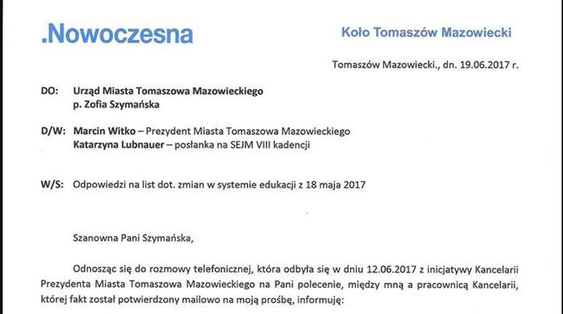 Listy od .N - raz jeszcze o systemie szkół w Tomaszowie Mazowieckim