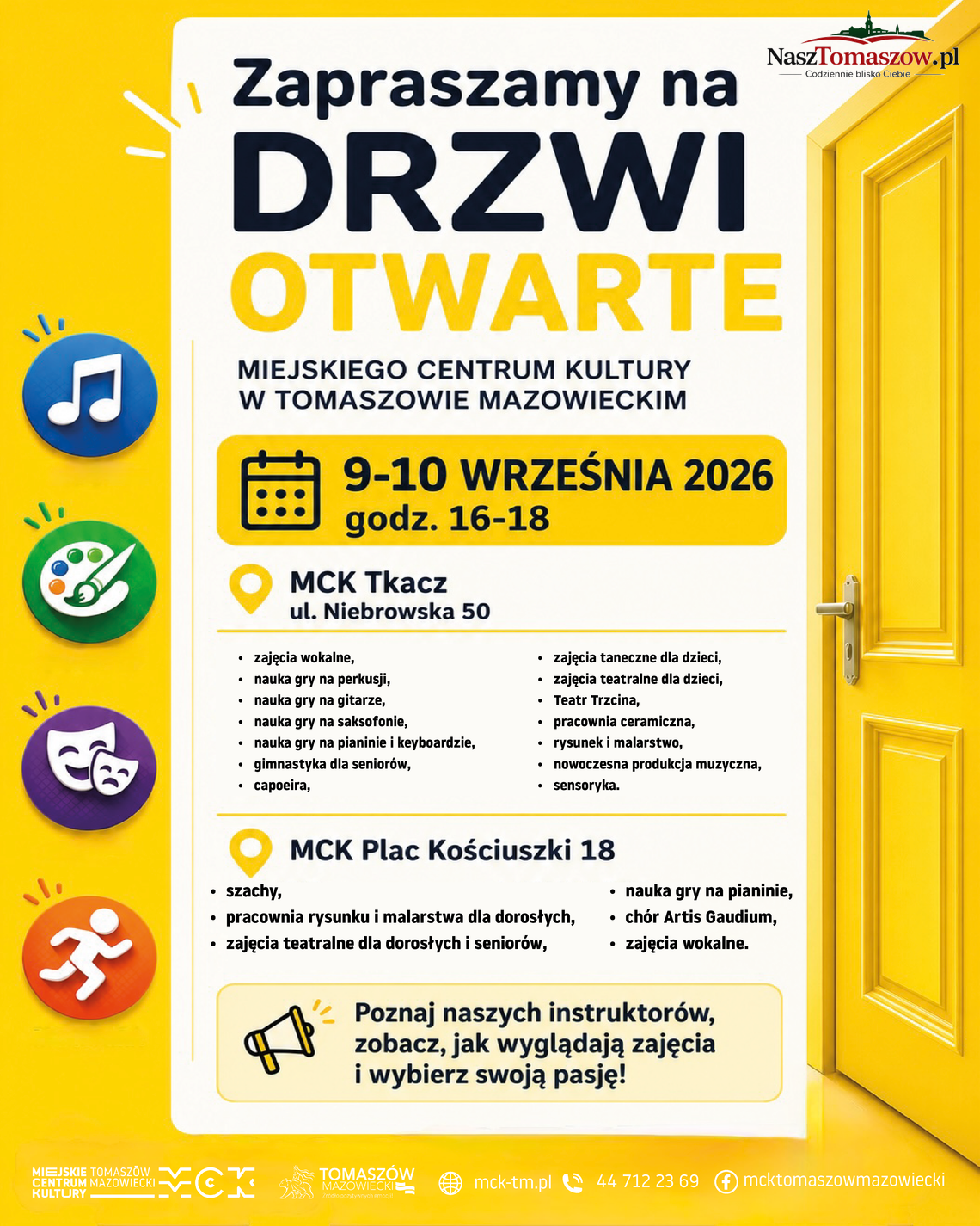 MCK w Tomaszowie Mazowieckim zaprasza na Drzwi Otwarte. Sprawdź ofertę zajęć i poznaj instruktorów MCK w Tomaszowie Mazowieckim zaprasza na Drzwi Otwarte. Sprawdź ofertę zajęć i poznaj instruktorów