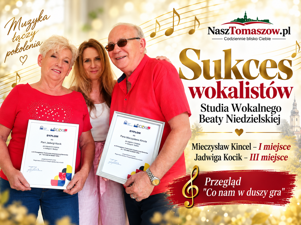 Mieczysław Kincel i Jadwiga Kocik na podium wojewódzkiego przeglądu seniorów