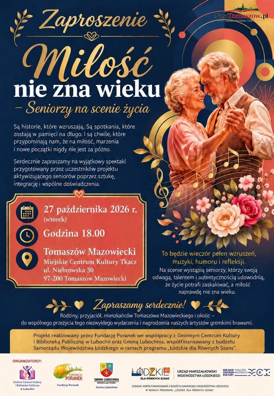 „Miłość nie zna wieku”. Wyjątkowy wieczór seniorów w Tomaszowie Mazowieckim Plakat wydarzenia „Miłość nie zna wieku” z tańczącą parą seniorów