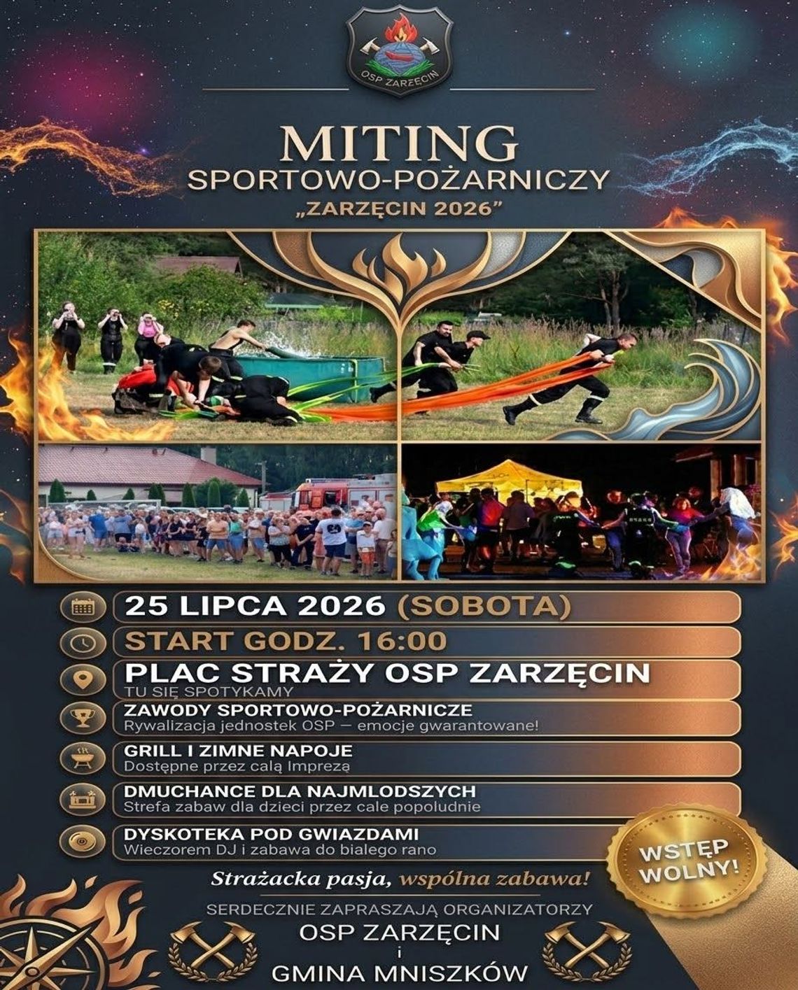 Miting sportowo-pożarniczy w Zarzęcinie. Strażacka rywalizacja i festyn pod gwiazdami Plakat wydarzenia Miting Sportowo-Pożarniczy Zarzęcin 2026 z programem imprezy i zdjęciami zawodów strażackich