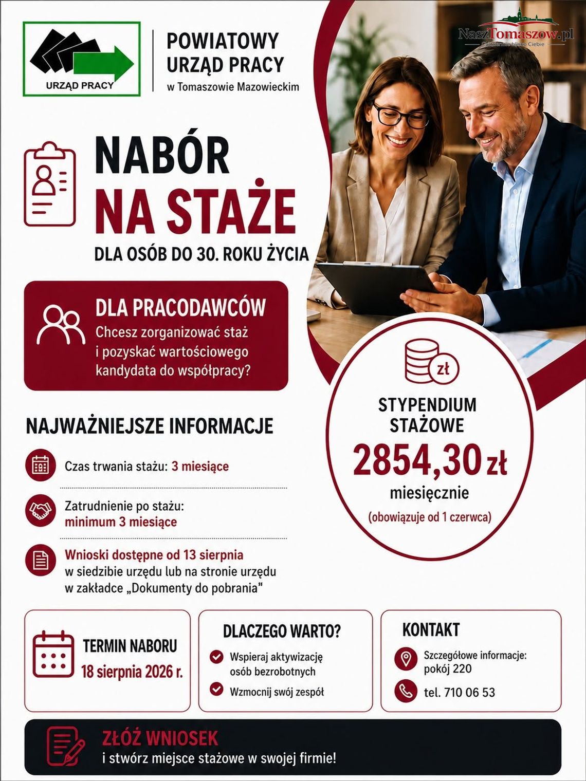 Plakat Powiatowego Urzędu Pracy w Tomaszowie Mazowieckim o naborze na staże dla osób do 30. roku życia