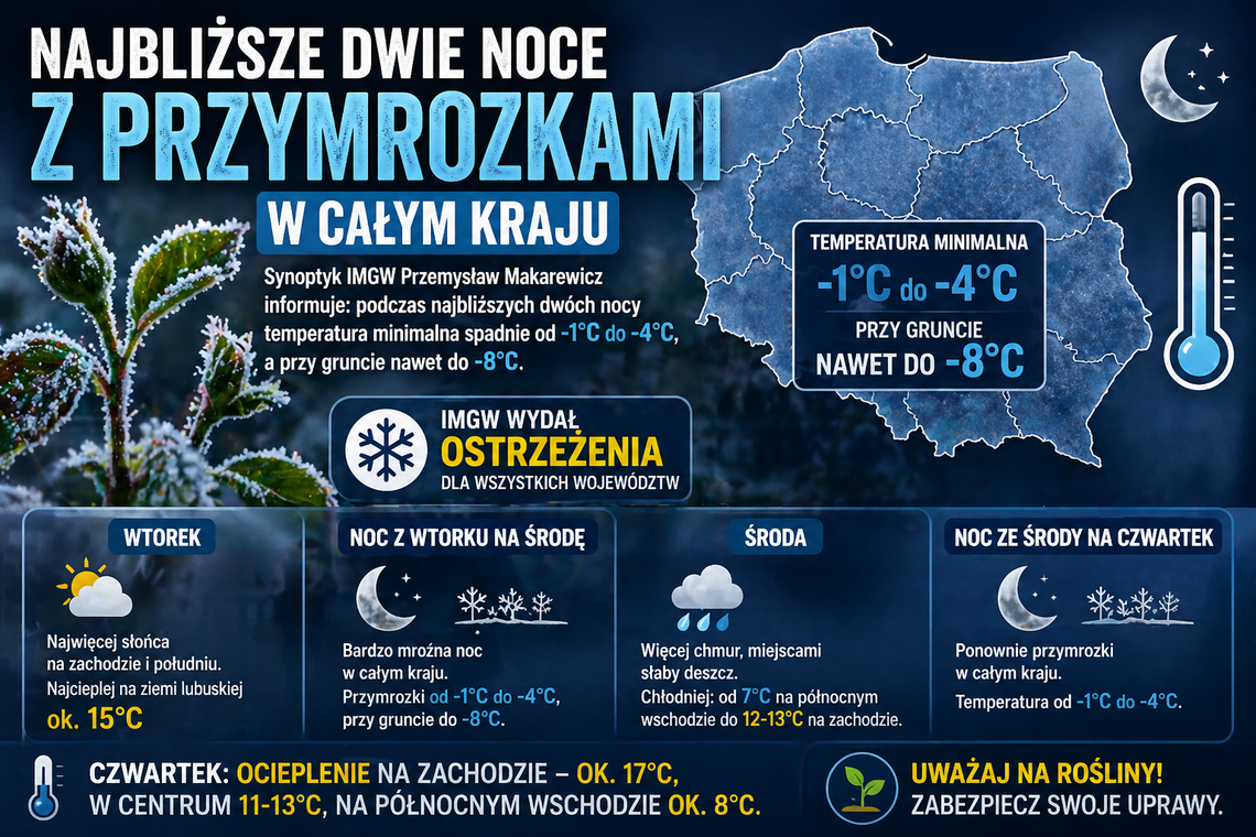Najbliższe noce z przymrozkami. Temperatura przy gruncie może spaść nawet do minus 8 stopni