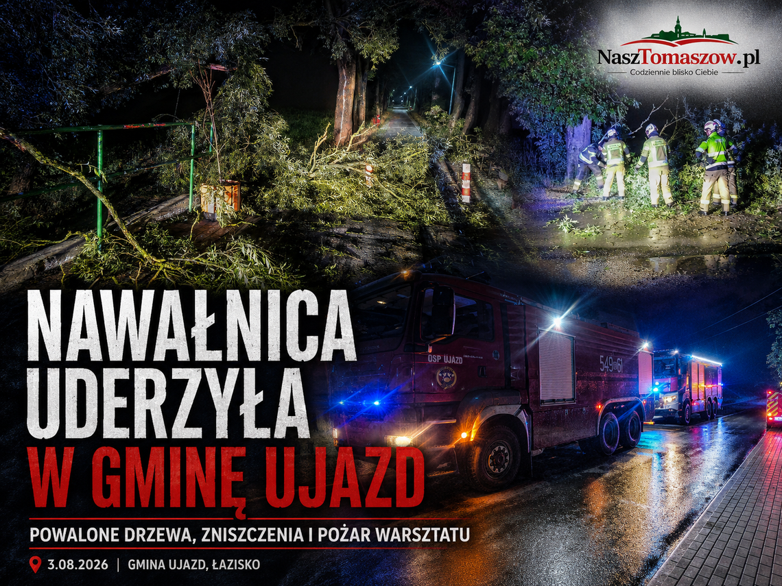 Nawałnica uderzyła w gminę Ujazd. Powalone drzewa, zerwane linie i pożar warsztatu