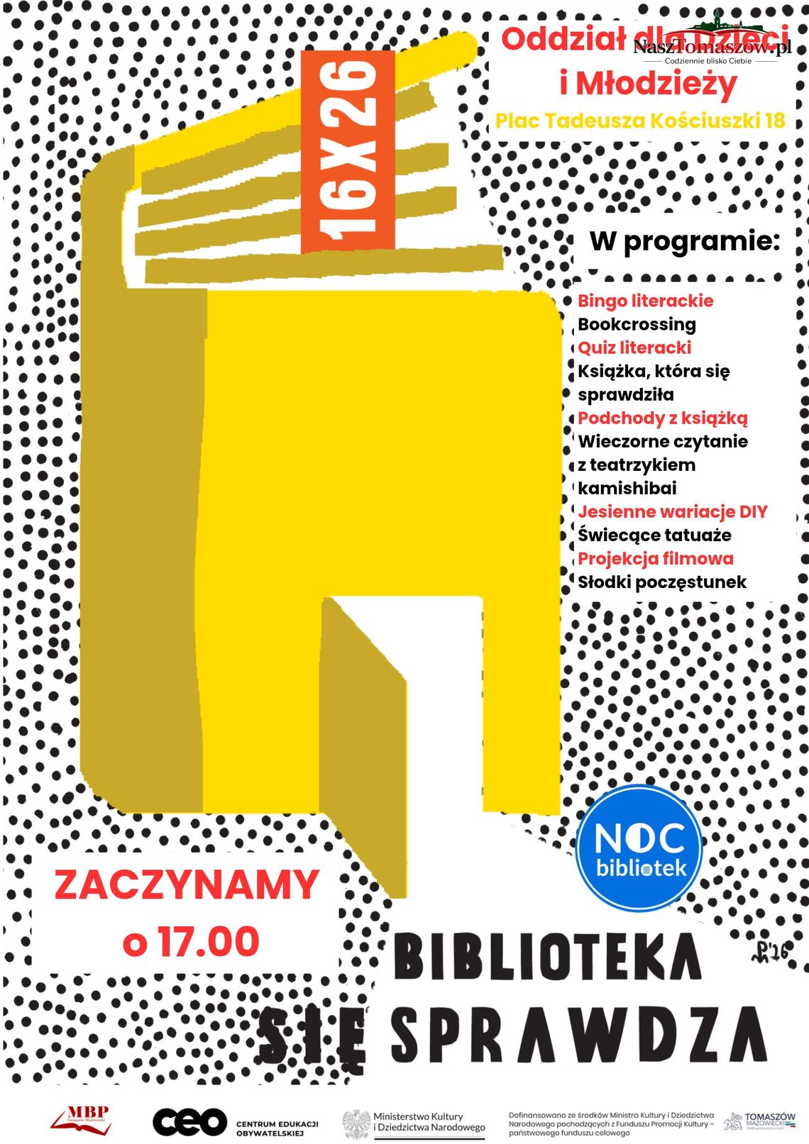 Noc Bibliotek w Tomaszowie. Podchody z książką i zabawa dla dzieci już 16 października