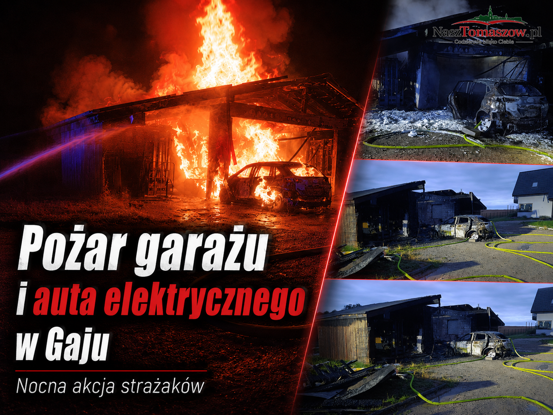 Nocny pożar garażu i samochodu elektrycznego w Gaju. Strażacy chłodzili baterię auta Nocny pożar garażu i samochodu elektrycznego w Gaju. Strażacy chłodzili baterię auta