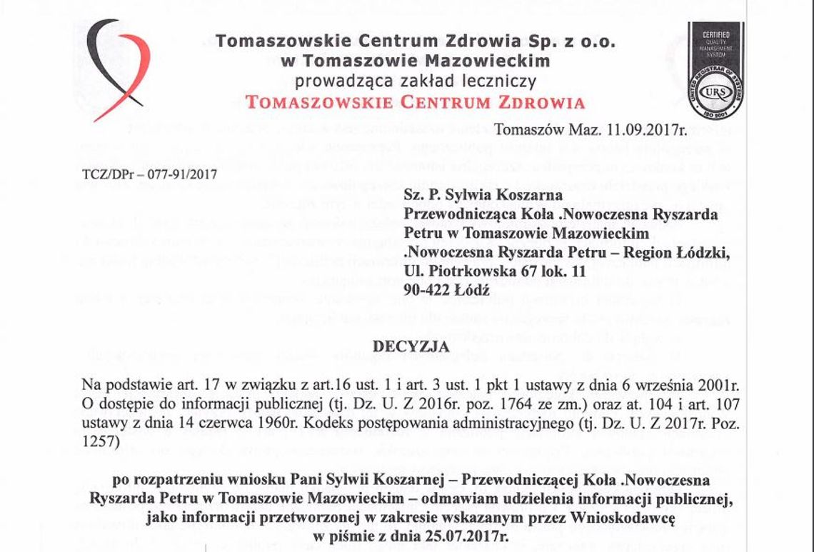 Nowocześni przepraszają prezesa Krzysztofa Zarychtę i zapowiadają odwołanie się od decyzji wydanej przez TCZ