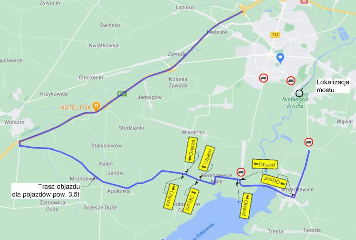 Objazd dla samochodów ciężarowych w związku z awarią mostu przy ul. Modrzewskiego