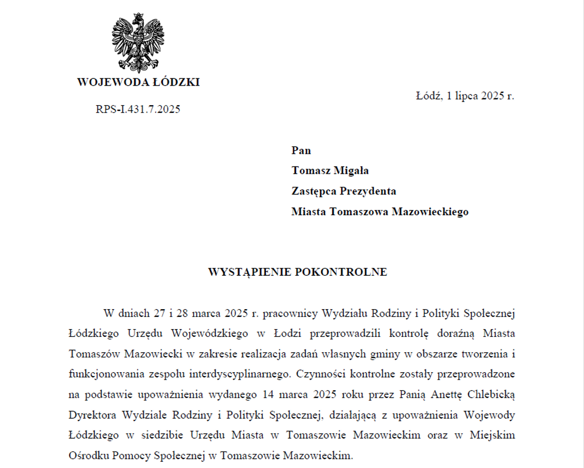 Kontrola Zespołu Interdyscyplinarnego w Tomaszowie Mazowieckim – wyniki, nieprawidłowości i zalecenia