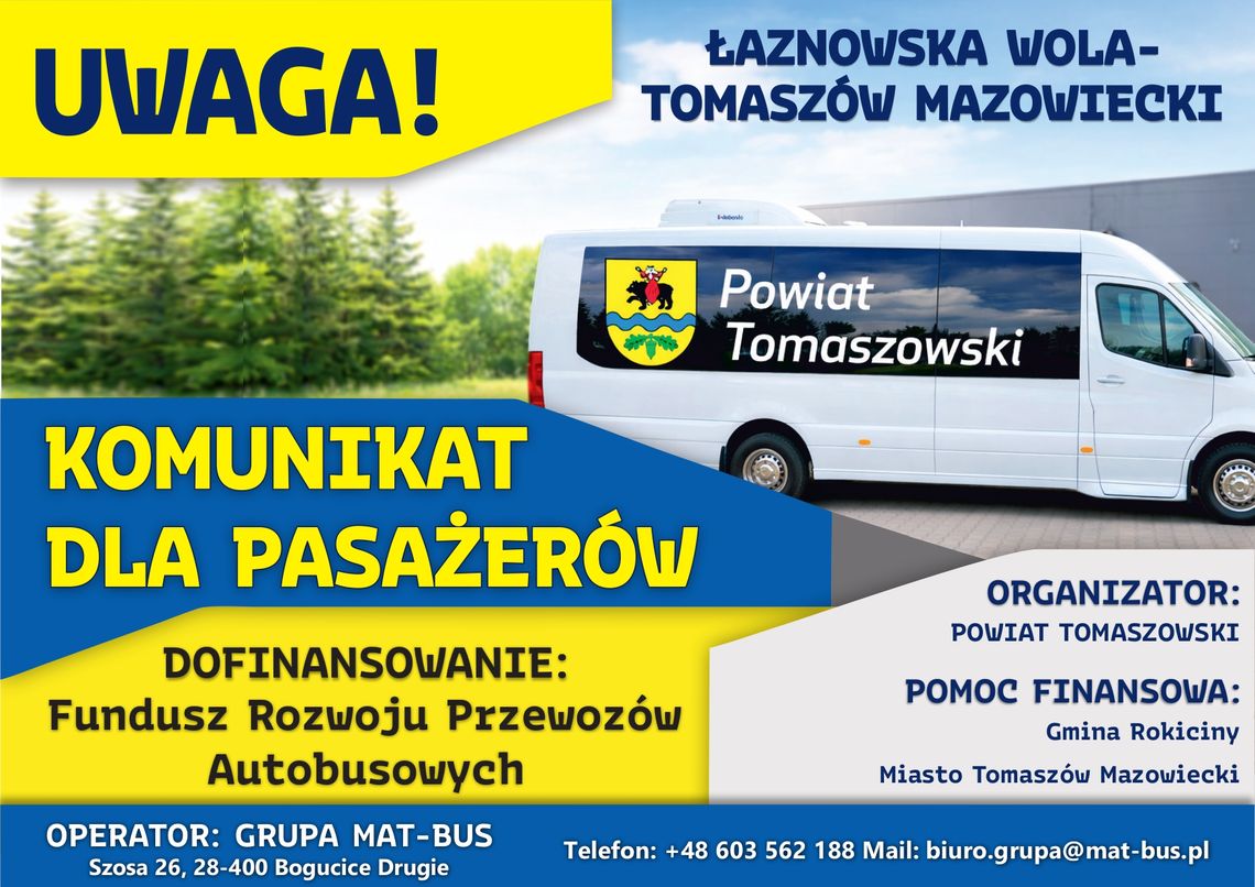Od 01 kwietnia 2026 r. ZMIANA ROZKŁADU JAZDY na linii Łaznowska Wola- Tomaszów Mazowiecki.