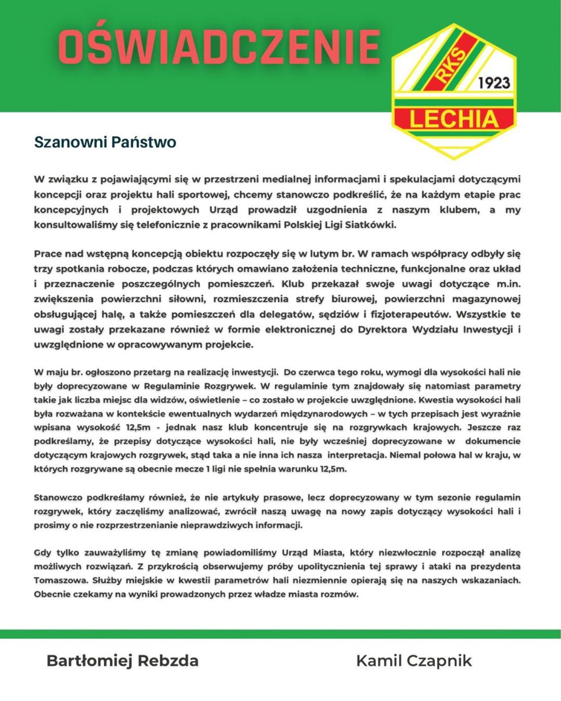 Oficjalne stanowisko Lechii w sprawie hali sportowej Oficjalne stanowisko Lechii w sprawie hali sportowej