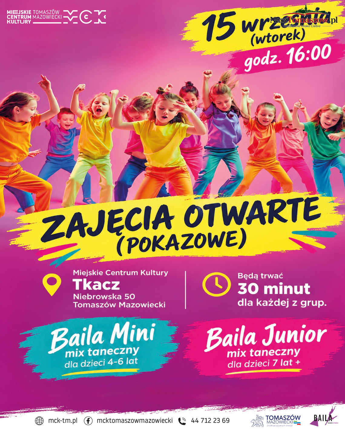 Plakat otwartych zajęć pokazowych tańca dla dzieci w Tomaszowie Mazowieckim