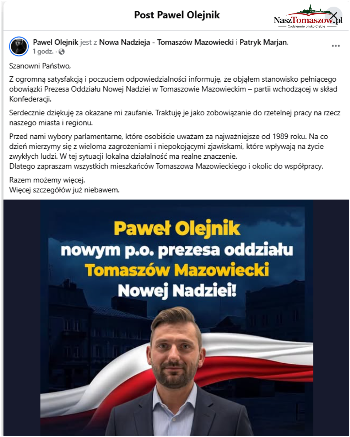 Grafika i zrzut wpisu informującego, że Paweł Olejnik został p.o. prezesa oddziału Nowej Nadziei w Tomaszowie Mazowieckim