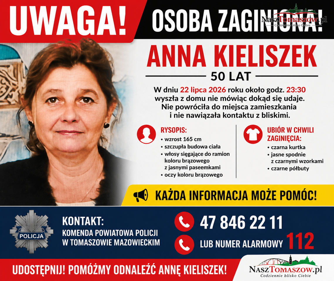 PILNE! Zaginęła 50-letnia Anna Kieliszek. Policja prosi o pomoc PILNE! Zaginęła 50-letnia Anna Kieliszek. Policja prosi o pomoc