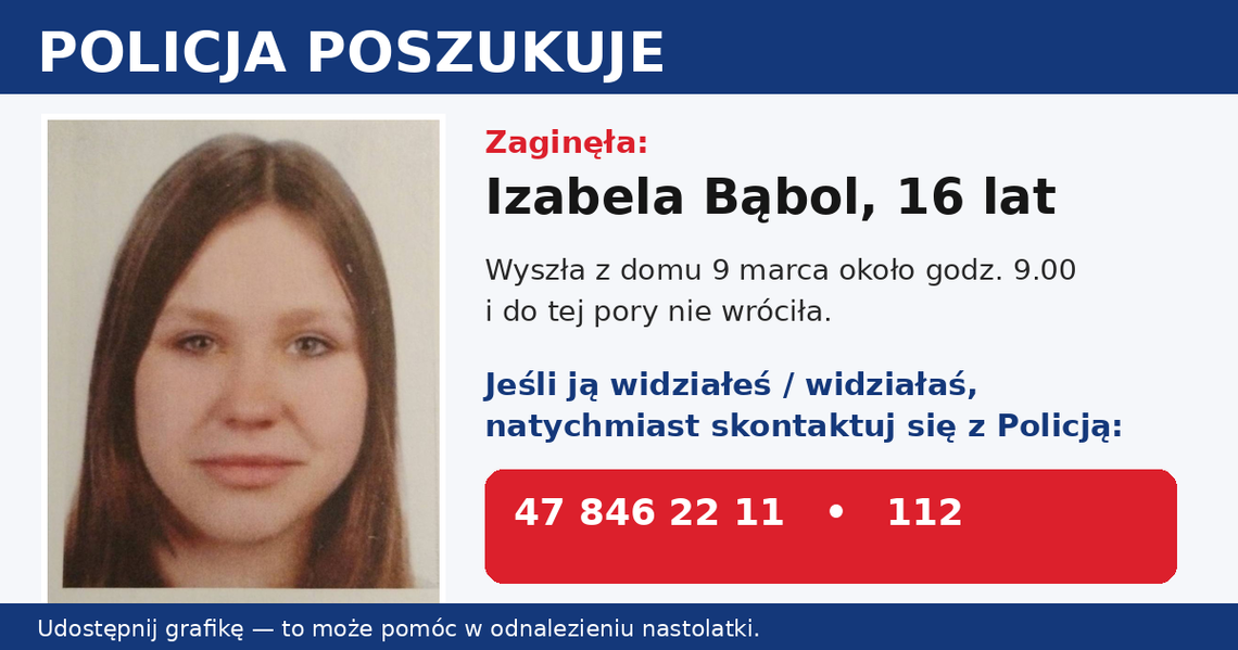 Policja poszukuje 16-letniej Izabeli Bąbol. Nastolatka wyszła z domu i nie wróciła