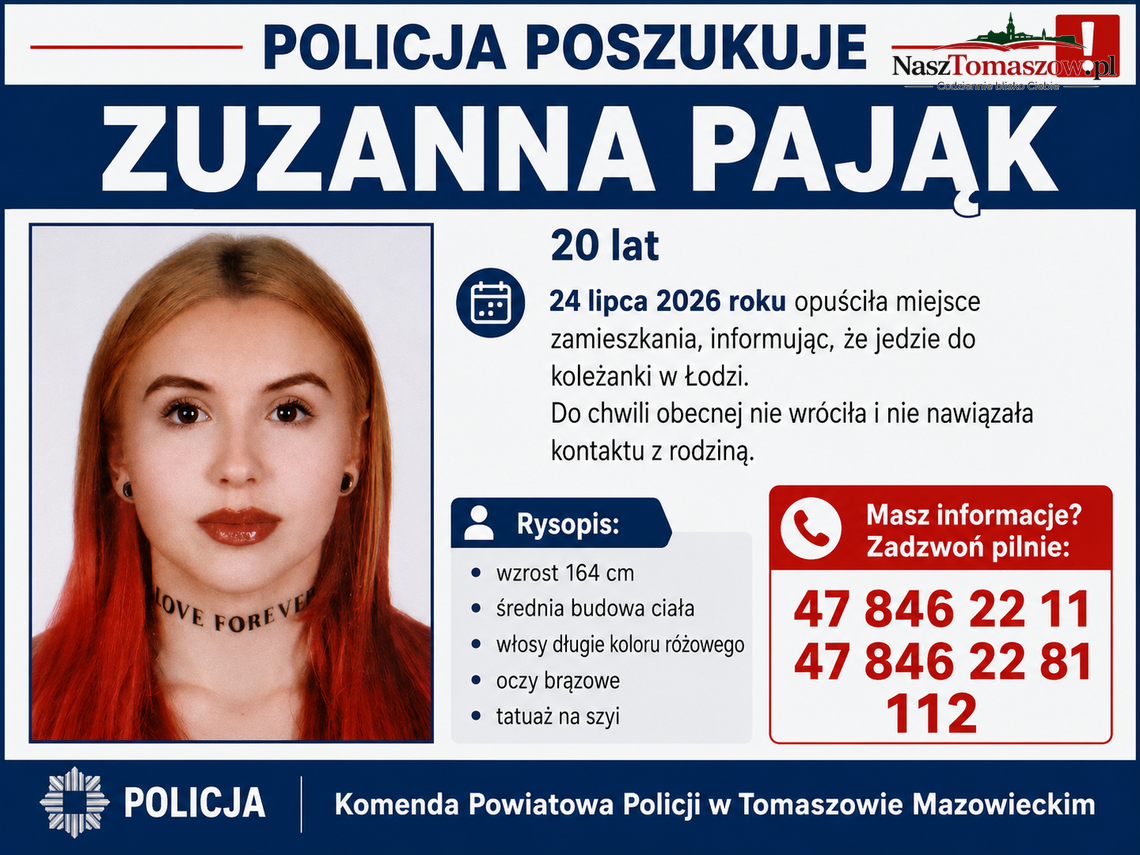 Policja poszukuje 20-letniej Zuzanny Pająk. Kobieta miała jechać do koleżanki w Łodzi Policja poszukuje 20-letniej Zuzanny Pająk. Kobieta miała jechać do koleżanki w Łodzi